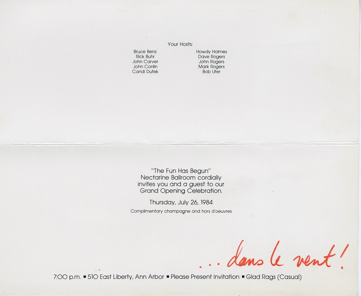Nectarine Ballroom opening party invitation 1984